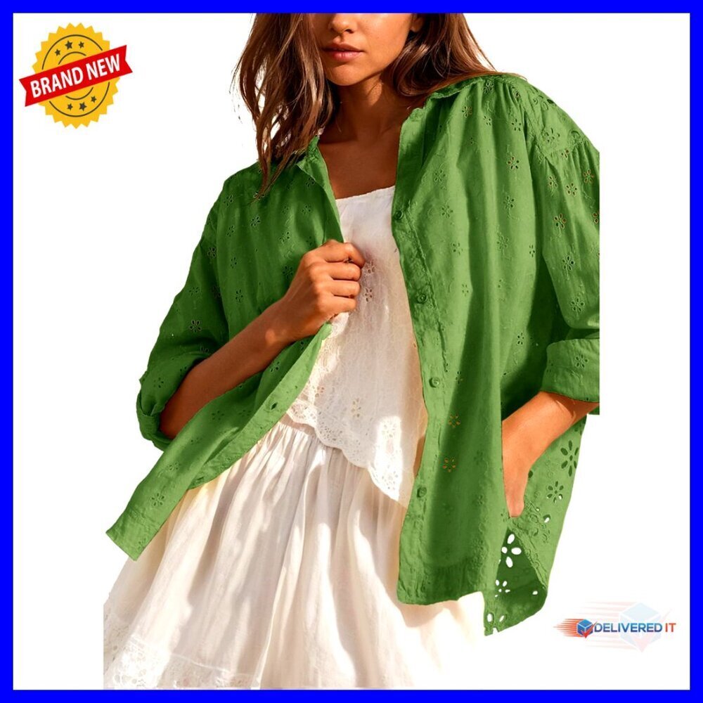 Loose Fit Cotton Button Down Blouse Long Sleeve Hollow Out Casual Chic